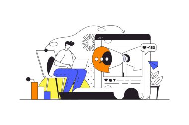 Çizgisiz tasarım ve karakter ile sınırlı pazarlama web konsepti. Çevrimdışı reklam kampanyası yapan pazarlamacı adam mektuplar gönderiyor, reklam yazıları yazıyor, insanlar sahne alıyor. Vektör illüstrasyonu.
