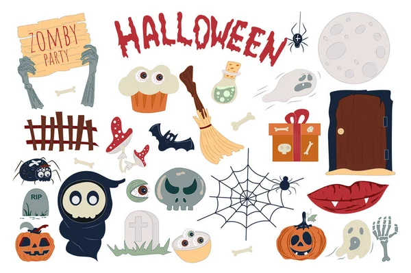 Halloween Dovolená Set Roztomilými Kreslených Prvků Plochém Designu Svazek Zombie — Stockový vektor