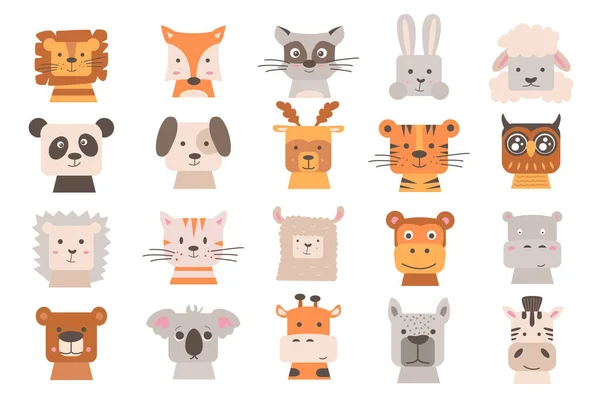 Cabeças Animais Conjunto Com Elementos Desenhos Animados Bonitos Design Plano —  Vetores de Stock