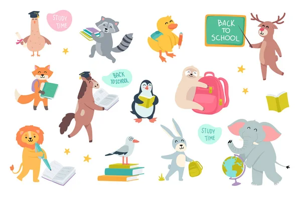 Animais Bonitos Escola Com Elementos Desenhos Animados Design Plano Pacote —  Vetores de Stock