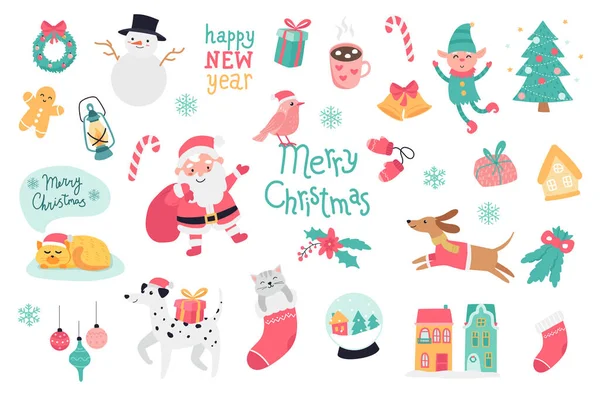 Feliz Natal Conjunto Com Elementos Desenhos Animados Design Plano Pacote — Vetor de Stock