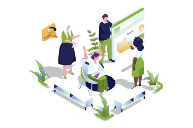 Grup web konseptini 3D izometrik tasarıma odakla. Tüketici araştırması yapan, pazardaki verileri analiz eden, müşterilerle geri bildirim yapan, toplantıda beyin fırtınası yapan insanlar. Vektör web illüstrasyonu.