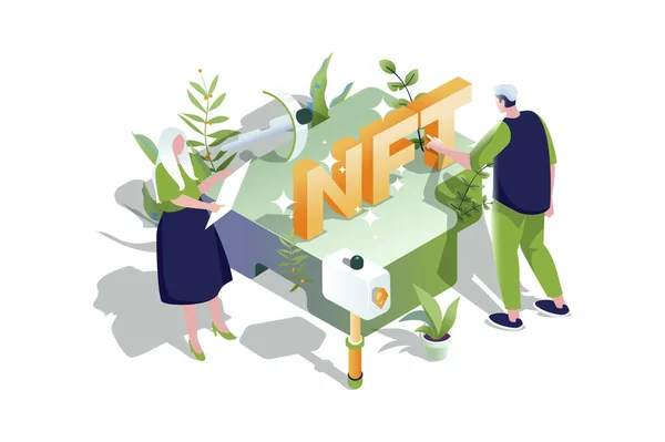 Nft Technologie Web Concept Isometrisch Ontwerp Mensen Maken Digitale Kunstwerken — Stockvector