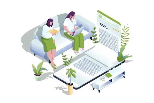 Online reading web concept in 3d isometric design. People reading e-books or textbooks on laptop and mobile application and buying electronic books in bookstore sites. Vector web illustration.