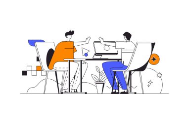 En iyi geri bildirim web konsepti karakterli düz ana hatlı tasarım. Müşteri yorumları yazıp değerlendiriyor. Şirket çalışanı müşteri değerlendirmelerini okur. Kullanıcı tecrübesi insan sahnesi. Görüntü.