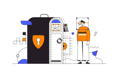 Karakterli düz tasarım biyometrik kontrol web konsepti. Adam girmek için güvenli erişim kullanıyor, tarayıcı yüzünü tarıyor ve şifre istiyor. Veri güvenlikçileri olay yeri. Görüntü.