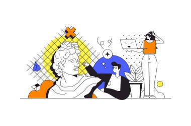 Karakterli tasarım ajansı web konsepti. Erkek ve kadın sanat projesinde çalışıyor, sanat eserleri ve içerik yaratıyor. Hayal gücü ve ilham insanların sahnesi. Görüntü.