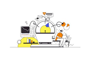 Finansal yönetim web sitesi tasarımı ve karakterler. Adam para sayıyor, bütçeyi analiz ediyor, istatistik okuyor, pazarlama araştırması yapıyor, insanlar sahne alıyor. Görüntü.