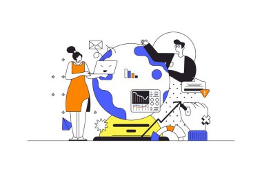 Karakterli düz hatlı tasarımla küresel iş stratejisi web konsepti. Kadın ve erkek genişletme stratejisini tartışıyor, uluslararası şirketlerde pazarlama, insanlar sahnesi. Görüntü.