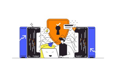 Karakterli düz ana hatlı ağ güvenliği web konsepti. Adam kişisel hesaplarına güvenli giriş kullanıyor, güvenlik duvarı verileri ve dosyaları koruyor, insanlar olay yerinde. Görüntü.