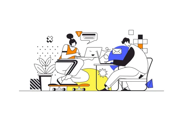 自由工作的网页概念在平面设计中的字符 男人和女人在上网的笔记本电脑上工作 自由职业者坐在家里 在人们的视野中做着远距离的工作 说明1 — 图库照片