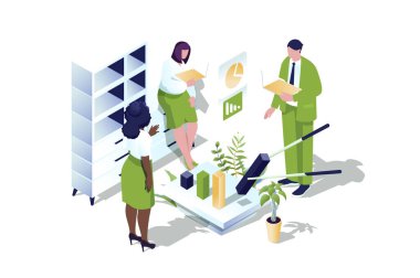 Üç boyutlu izometrik dizaynlı iş istatistikleri konsepti. Ofiste beyin fırtınası yapan ve muhasebe yapan insanlar, verileri analiz eden, grafikler veya piyasa araştırmaları ile finansal rapor hazırlayan insanlar. Web illüstrasyonu.