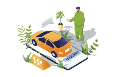 Taksi rezervasyon web konsepti 3 boyutlu izometrik tasarım. Çevrimiçi kiralık araba için taksi başvurusu yapanlar. Sarı otomobilli adam varış noktasına varmak için bekliyor. Web illüstrasyonu.