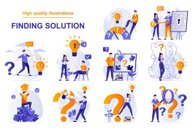 İnsanların sahnelerinin düz bir şekilde çekildiği bir çözüm web konsepti bulmak. Beyin fırtınası, insan yaratıcılığı fikirler üretmek, sorular sormak, meydan okumak. Karakter tasarımı ile vektör illüstrasyonu