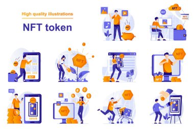 NFT web sitesi konsepti ve insan sahneleri düz bir şekilde ayarlandı. Bir sürü karşılıksız jeton sergisi, kripto sanatı yapan sanatçılar, online müzayede galerisi. Karakter tasarımı ile vektör illüstrasyonu