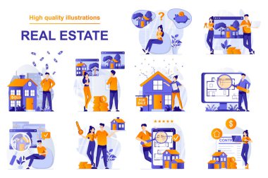 Real estate web concept with people scenes set in flat style. Bundle of home for sale, buying new house, searching rental apartment, mortgage loan, housing. Vector illustration with character design clipart