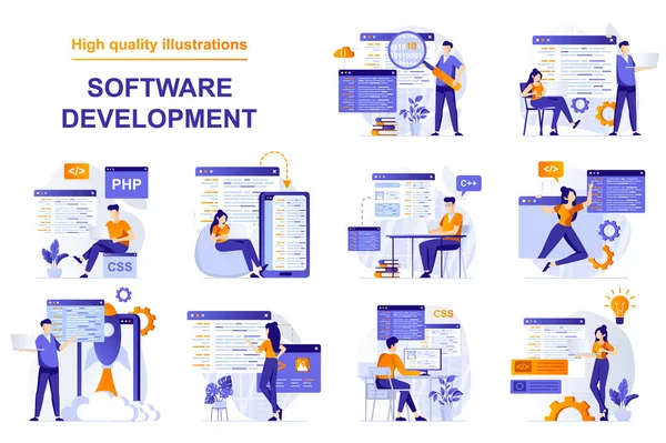 Concetto Web Sviluppo Software Con Scene Persone Ambientate Stile Piatto — Vettoriale Stock