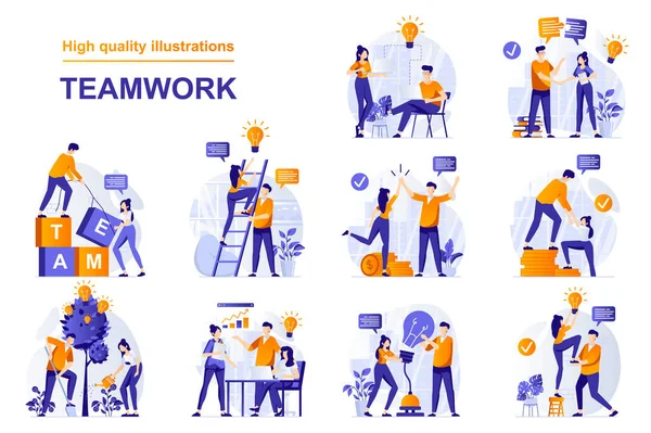 Teamwork Web Concept People Scenes Set Flat Style Bundle Colleagues — Stock Vector
