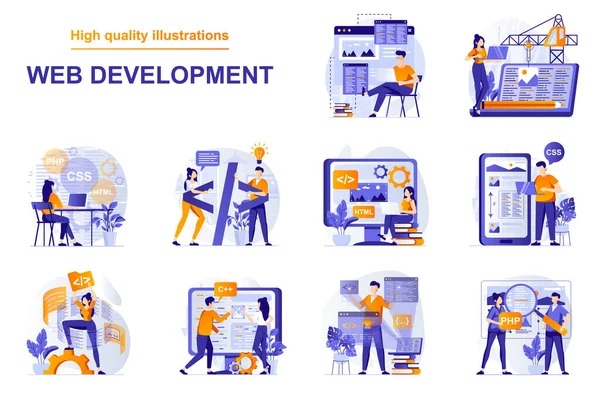 Концепція Веб Розробки Людьми Сцени Встановлені Плоский Стиль Бульйон Дизайнерів — стоковий вектор