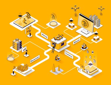 Kripto para piyasası izometrik web pankartı. İş engelleme teknolojisi düz izometri konsepti. Dijital para, bitcoin 3D sahne tasarımı. Küçük insan karakterleri ile illüstrasyon