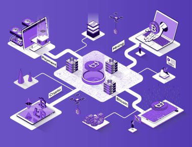 Şifreli döviz madenciliği izometrik web pankartı. Bitcoin madencilik süreci 3D sahne tasarımı. Çevrimiçi ödeme, dijital para, engelli düz izometri konsepti. Küçük insan karakterleri ile illüstrasyon