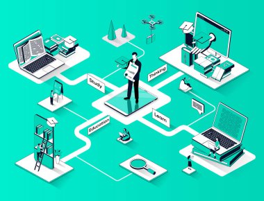 Eğitim izometrik web pankartı. Üniversite diploması ya da profesyonel gelişim düz izometri kavramı. Çevrimiçi çalışma, kurslar 3D sahne tasarımı öğrenme. Küçük insan karakterleri ile illüstrasyon
