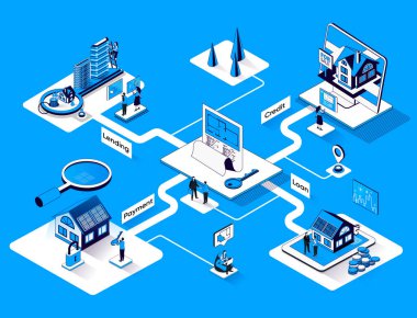 İpotek izometrik web pankartı. Emlak satın alma ve bankacılık hizmetleri düz izometri konsepti. Ev kredisi, borç verme, 3D sahne tasarımı. Küçük insan karakterleri ile illüstrasyon
