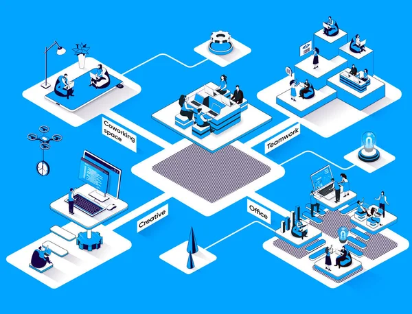 协同办公室等距网页横幅 商务会议和创意团队精神扁平等量概念 开放工作场所的同事3D场景设计 用小人物来说明 — 图库照片