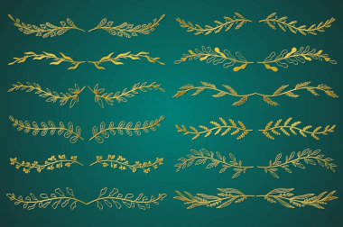 Altın çiçekli süsleme bölmeleri elle çizilmiş. Yapraklar ve dallar oyma elementleri. Bir sürü botanik süs tomarı süsleme ve dekoratif dal. Vektör illüstrasyonu.