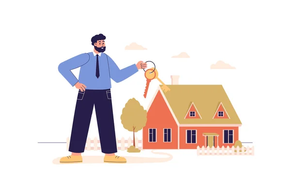 Real Estate Web Concept People Scene Man Buying New Home — Stock Vector