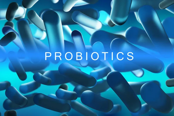 probiotics bacteria. Biological scientific background. Microscopic bacteria close-up. Probiotics bacteria on turquoise background. Probiotics logo. Three-dimensional bifidobacteria. 3d rendering.