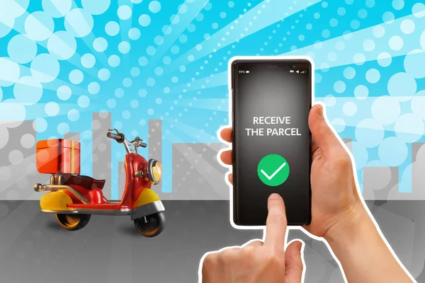 receive parcel - logo on phone. Courier delivery metaphor. Simple courier app interface. Delivery service applications. Delivery scooter next to phone. Application for couriers.