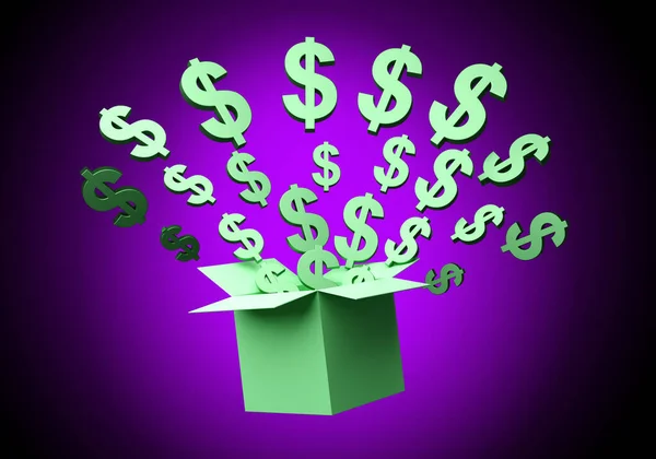 Jackpot box. Lottery winning concept. Winning lottery. Dollar signs are flying out of box. Metaphor of winning Casino. Money symbols on purple background. Getting jackpot at casino. 3d rendering.