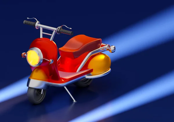Retro scooter. Red scooter in vintage style. Scooter with round headlight. Motoroller on dark purple background. Three-dimensional mini motorcycle. Visualization of motoroller. 3d rendering.
