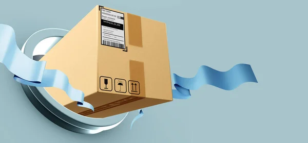 Box-package on abstract gray background. Cardboard box with labels for fragile goods. Courier box with fbs sticker. Online store fulfillment concept. Logistic processes of courier company. 3d image.