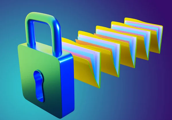 Online data protection concept. Packs of papers and lock as metaphor for online database. Data storage on Internet. Digital data security. Protection of information private. Database backup. 3d image