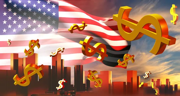 USA flag on city background. Flying dollar signs over city. Parachute money metaphor in America. Inflation concept in USA. Dollar logos on sunset background. Earning income in USA. 3d rendering.