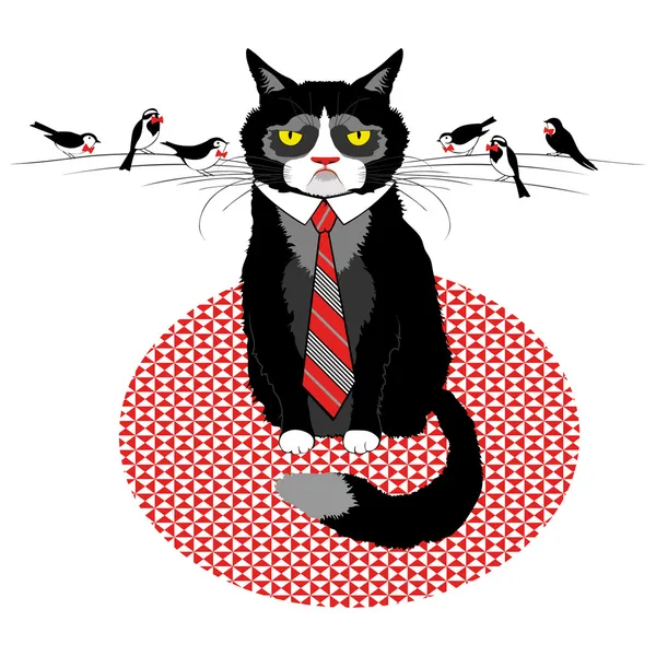 Grumpy cat in tie with birds — Stock Vector