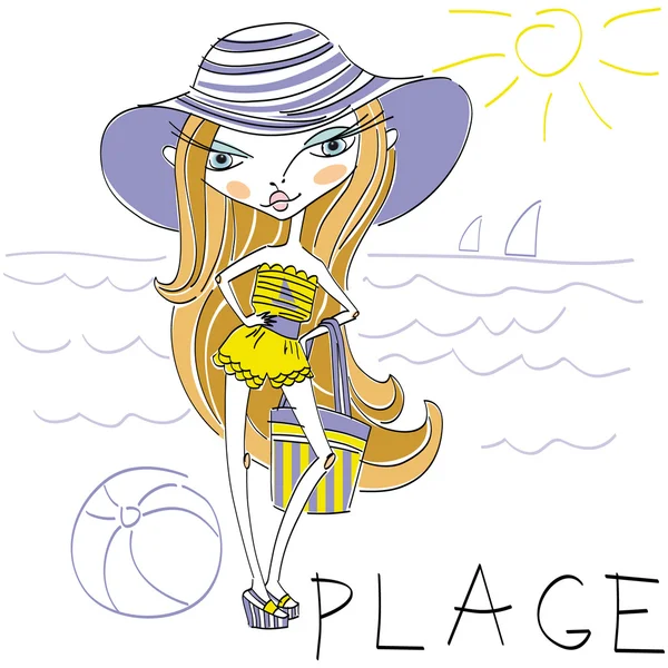 Κινούμενα σχέδια κορίτσι στην παραλία — Διανυσματικό Αρχείο