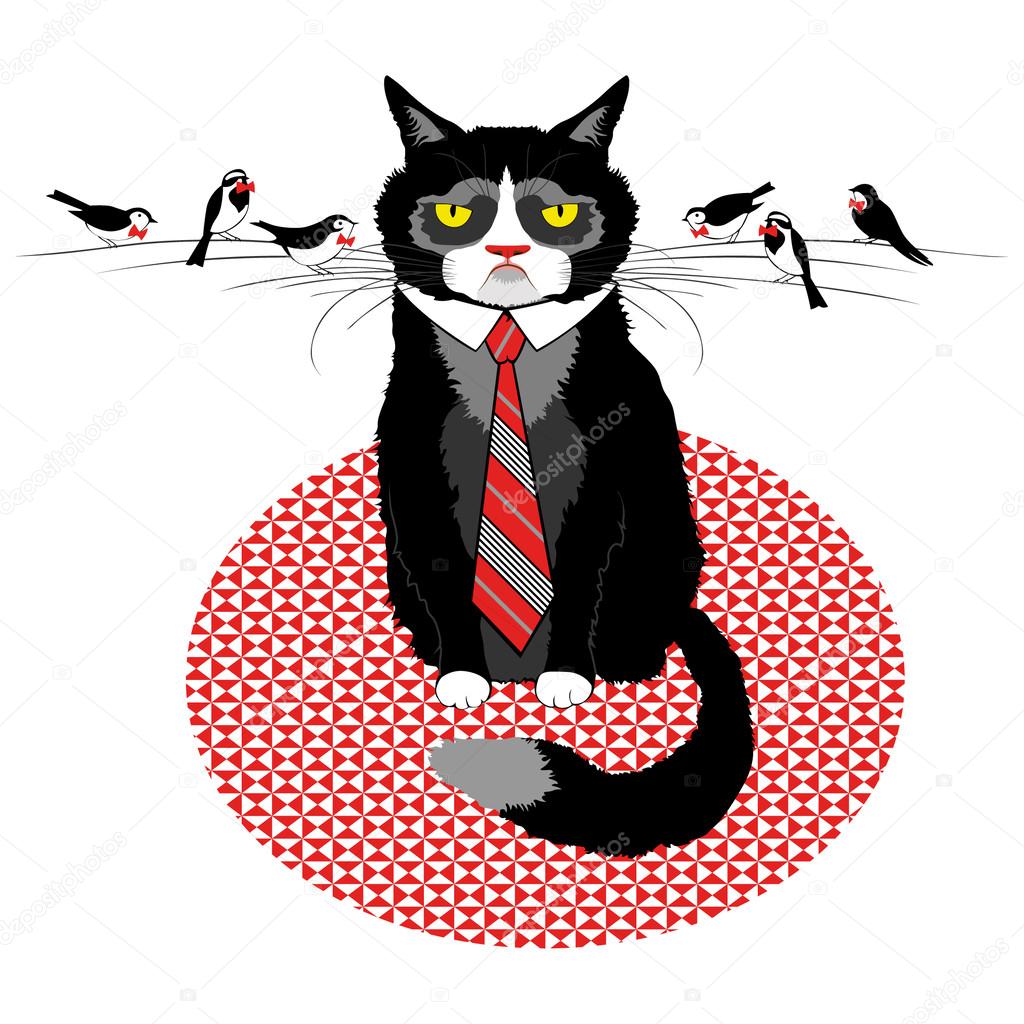 Grumpy cat in tie with birds