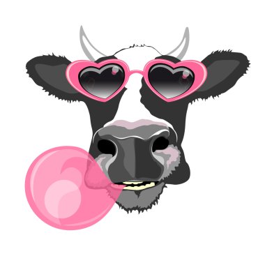 Cow in pink glasses with bubble gum clipart