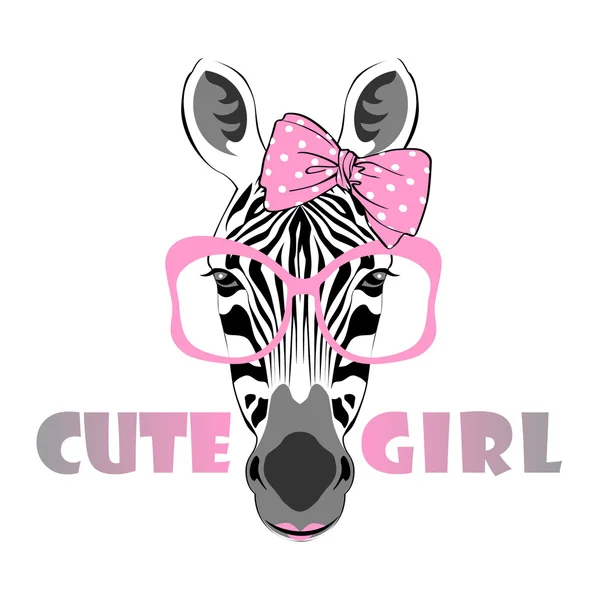 Zebra girl in pink glasses and bow — Stock Vector
