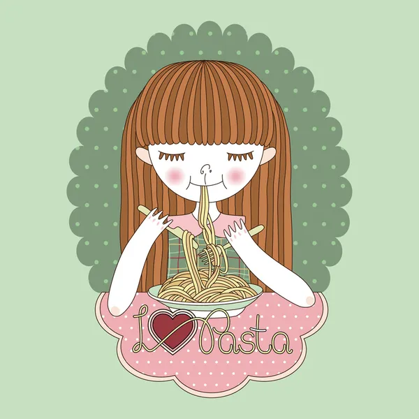 Cartoon meisje eten pasta — Stockvector