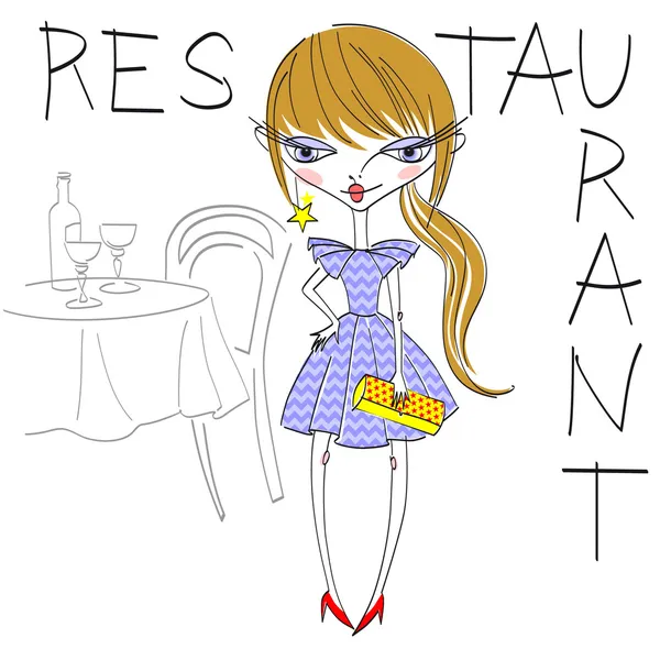 Chica de dibujos animados en el restaurante — Vector de stock