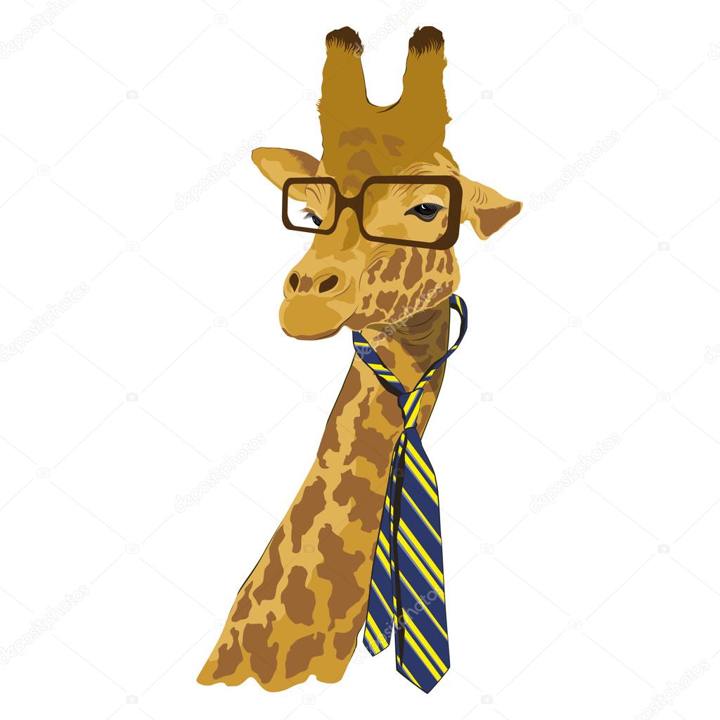 Portrait of giraffe in tie and glasses