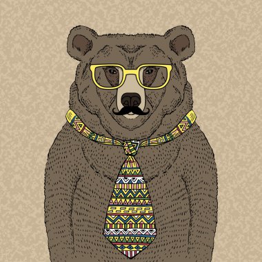 hipster ayı kravat ve gözlük bıyıklı