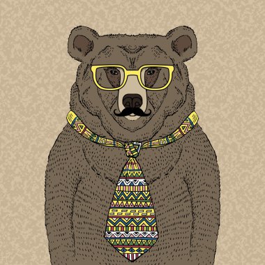 Hipster Bear in Tie and Glasses with Mustache