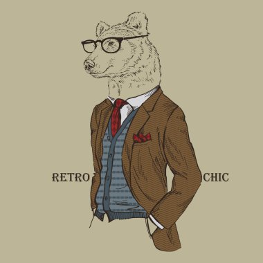 vintage tarzı giyinmiş ayı moda çizimi