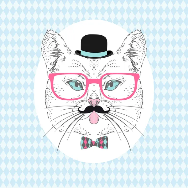 Kat hipster met snor, bolhoed en roze bril — Stockvector