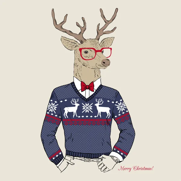 Deer Hipster in Jacquard Sweater, Merry Christmas Card — Stock Vector